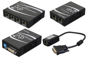 DVI-Dシングルリンク　エクステンダー（最大60m）・4分岐または2分岐スプリット機能内蔵タイプ（分配機能付き映像信号延長器：UTP（LAN）ケーブル（１本）延長型）