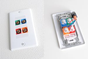 白塗装ステンレスプレート付きAVコンセント（BNC端子×4（赤・緑・青・オレンジ）、壁面埋込配線タイプ、接続ケーブル付き）