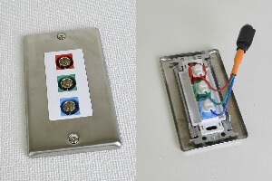 無塗装ステンレスプレート付きAVコンセント（BNC端子×3、壁面埋込配線タイプ、接続ケーブル付き）